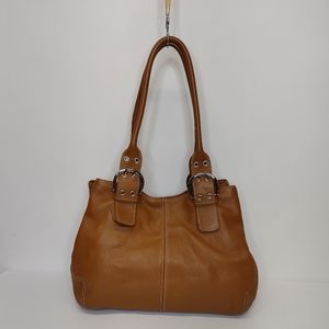 Tignanello Brown Leather Purse Shoulder Bag Buckles Double Handles